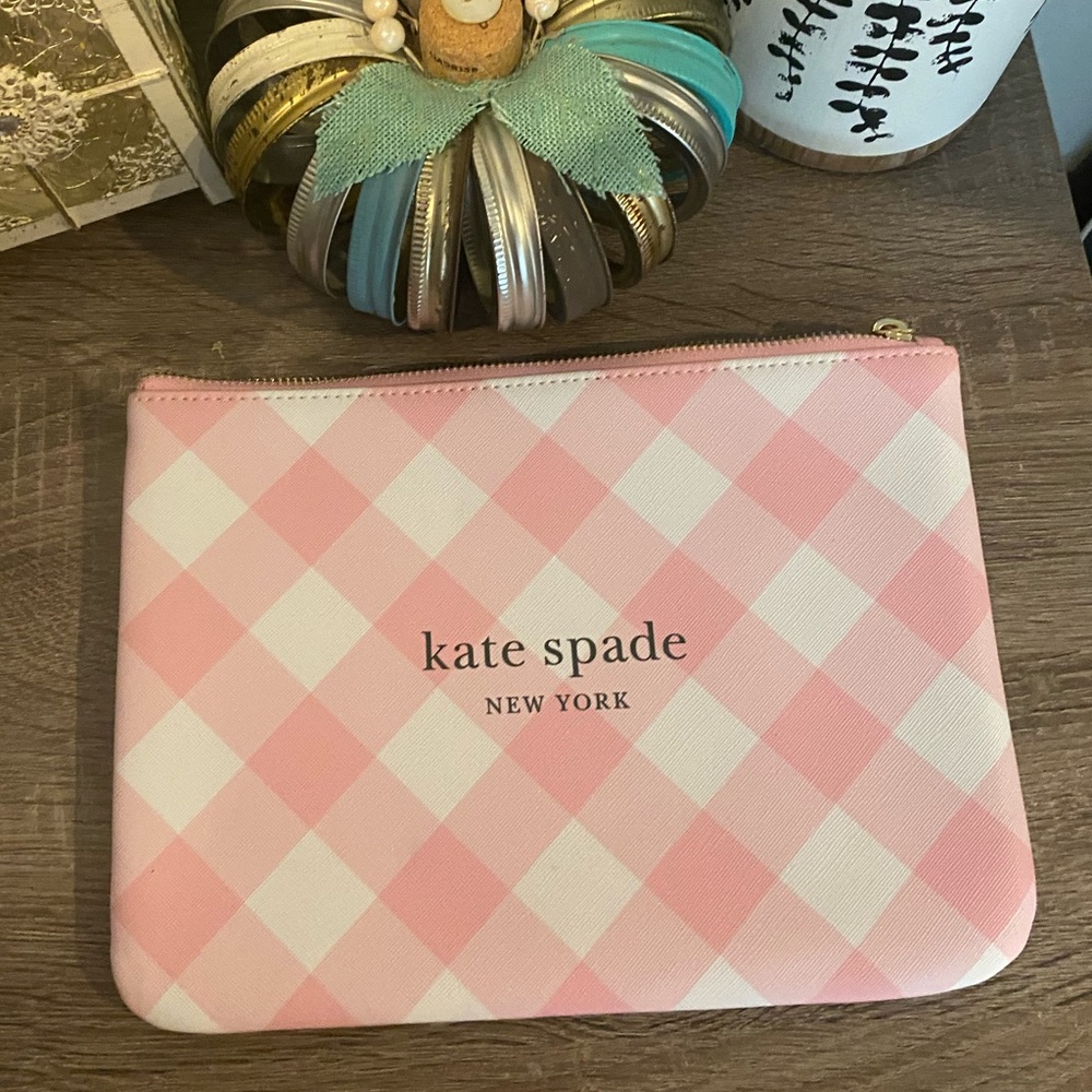 Kate Spade Pink and White Checkered Tablet Zippered Bag